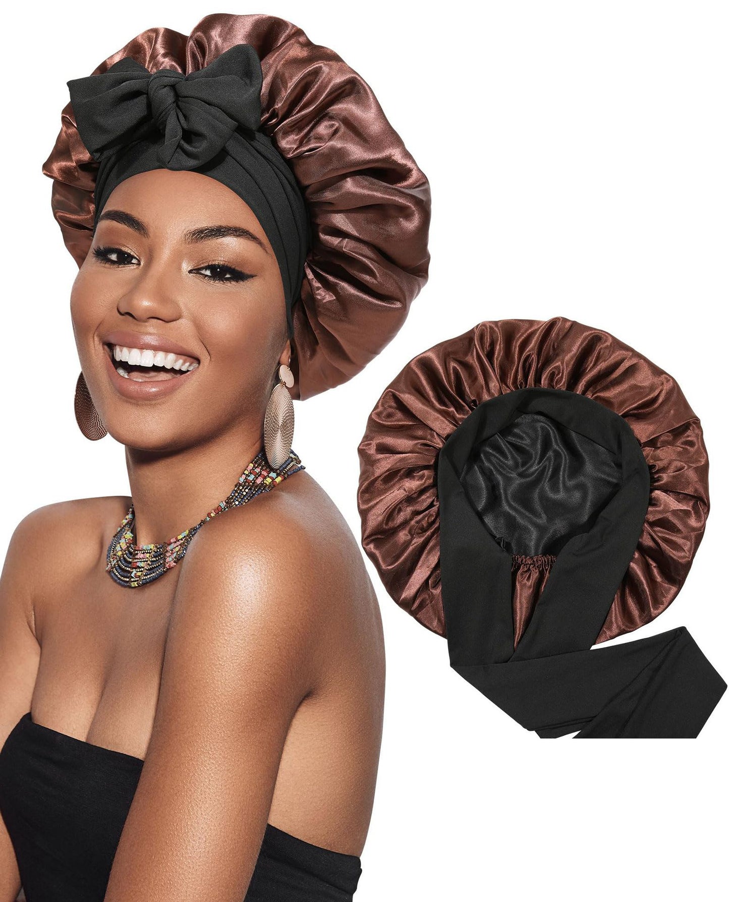 Double-layer Satin Ribbon Round Cap Bow Artificial Silk Beauty Hair Care Wide-brimmed Hat