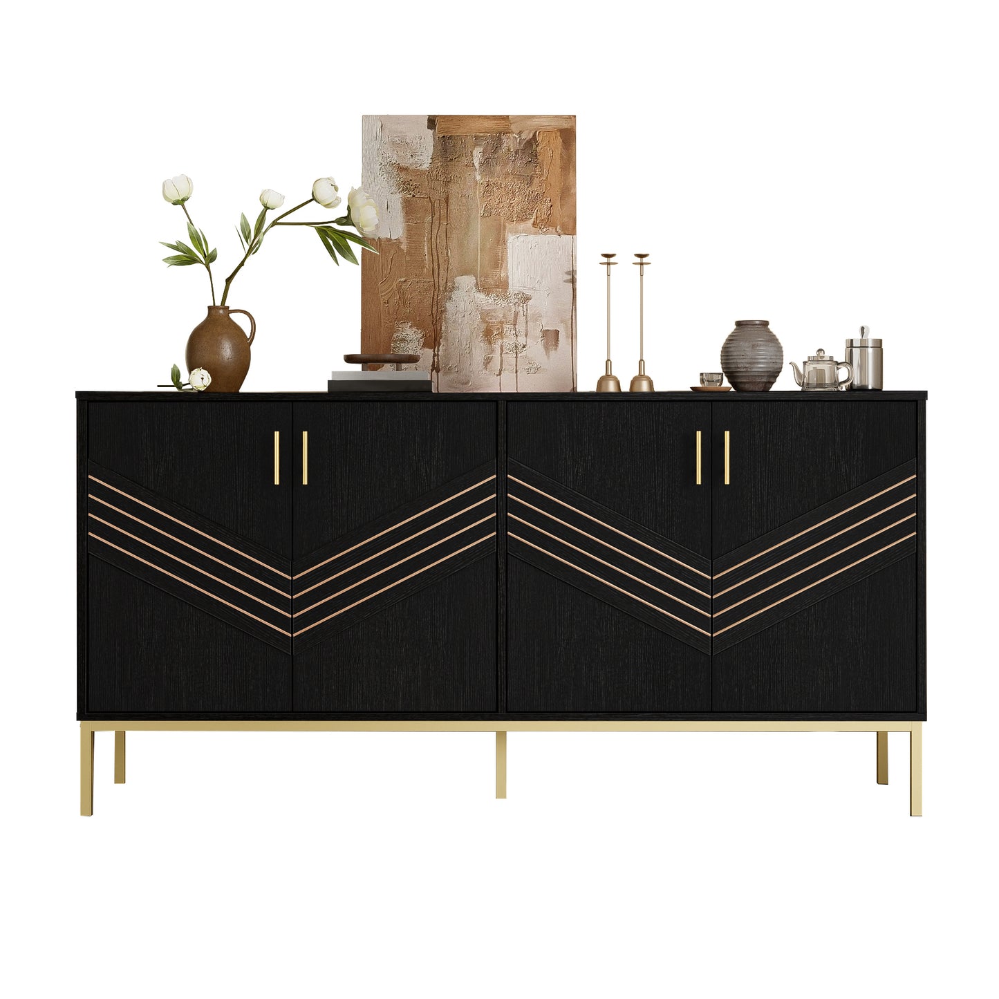 Modern Sideboard With 4 Doors  Stylish Design In Black And Gold, MDF Body With Metal Legs, Large Capacity, Height-adjustable Shelves  For Living Room, Dining Room & Hallway