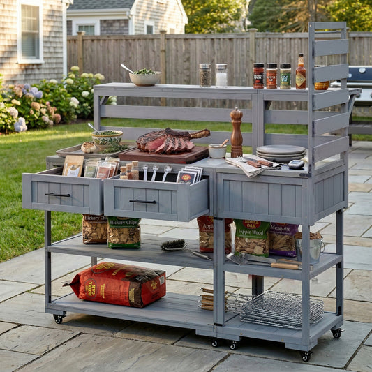 With Assembly Video  TOPMAx 62.3  Patio Kitchen Island Solid Wood Kitchen Cart With Stainless Table Top  Garden Potting Bench With Raised Shelf And Drawers  Grill Prep Table For BBQ  Party  Gray