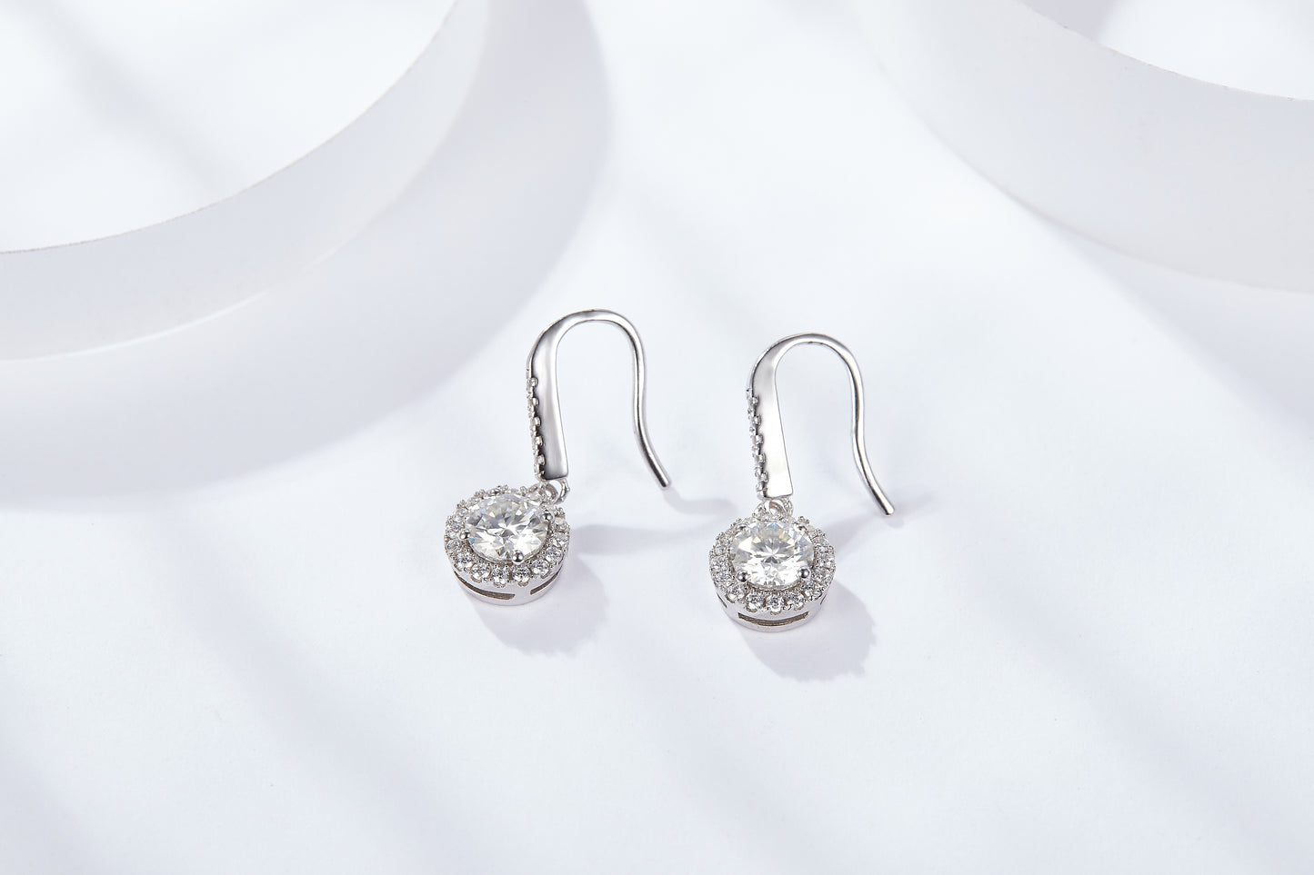 S925 Sterling Silver Moissanite Halo Dangle Earrings 0.5 Or1CT  Platinum Plated Long Hook Drop Earrings With GRA Certificate, Jewelry Gift Box Set For Women