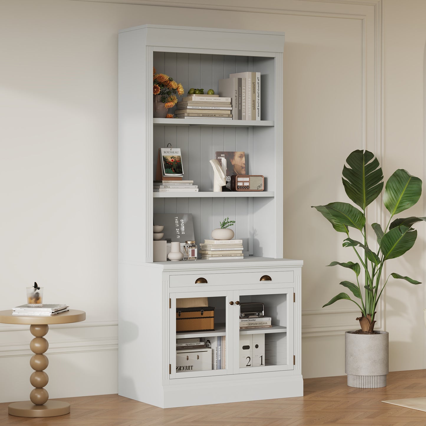 83.4Tall Bookshelf, Modern Bookcase With 2 Glass Doors And 1 Drawer,Storage Bookcase With Open Shelves For Living Room,Home Office,White