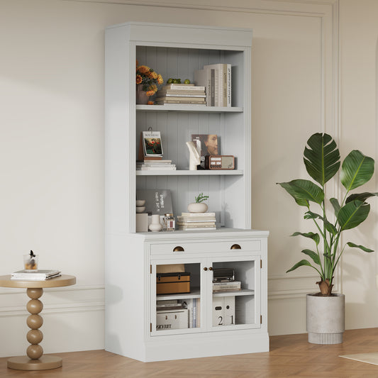 83.4Tall Bookshelf, Modern Bookcase With 2 Glass Doors And 1 Drawer,Storage Bookcase With Open Shelves For Living Room,Home Office,White