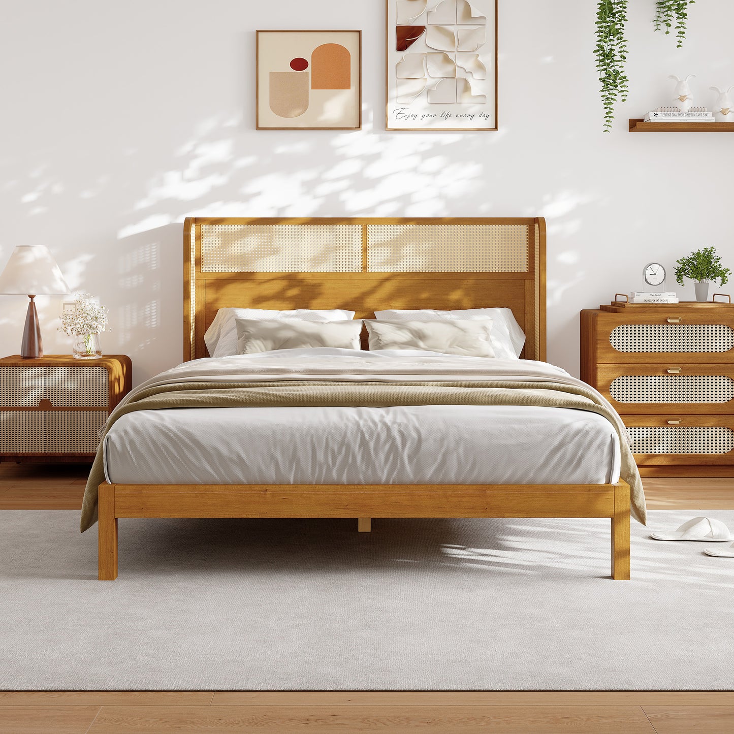 Premium Rubber Wood Platform Bed Frame, Queen Bed Frame With Headboard Included, Mid Century Modern Bed With Natural Color