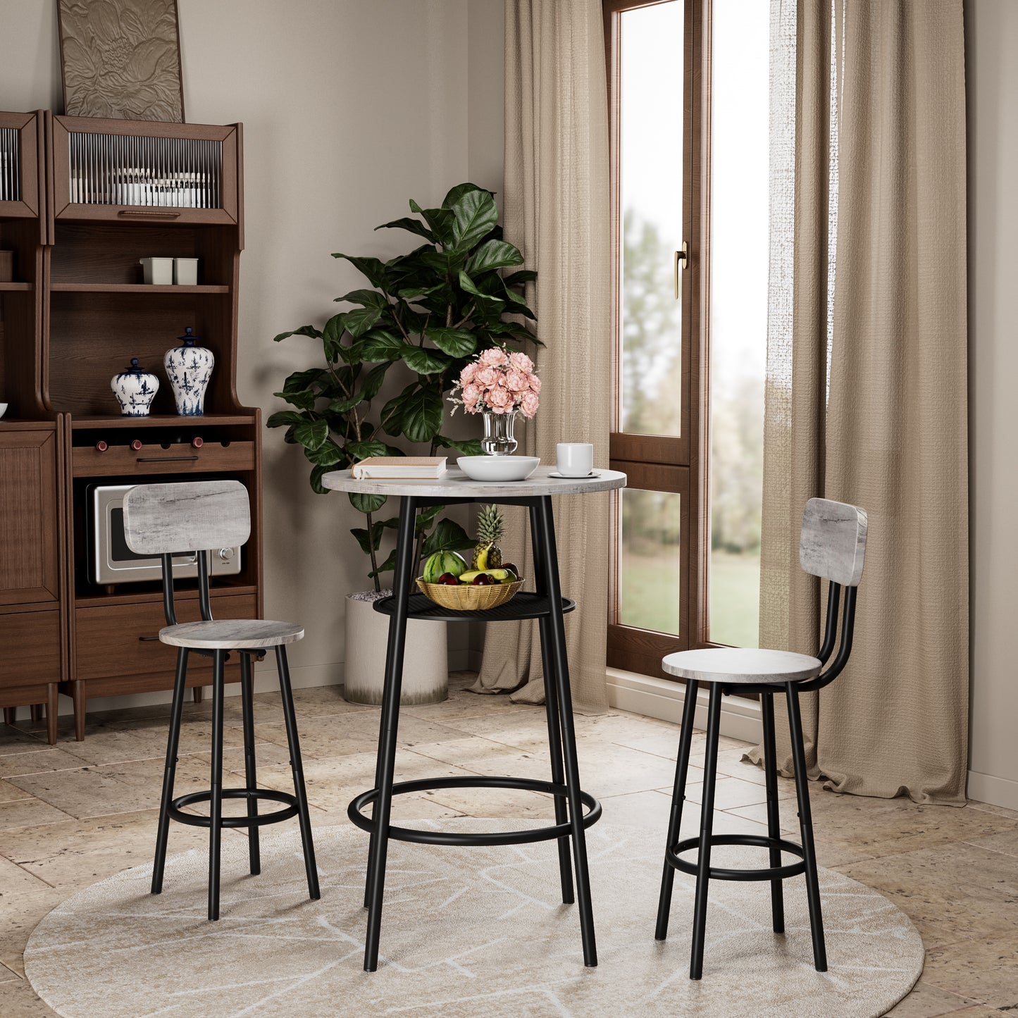 3 Pieces Round Bar Table Set, With Backrest And Partition,Small Dining Table For 2, Breakfast Table 2 Stools For Kitchen, Dining Room