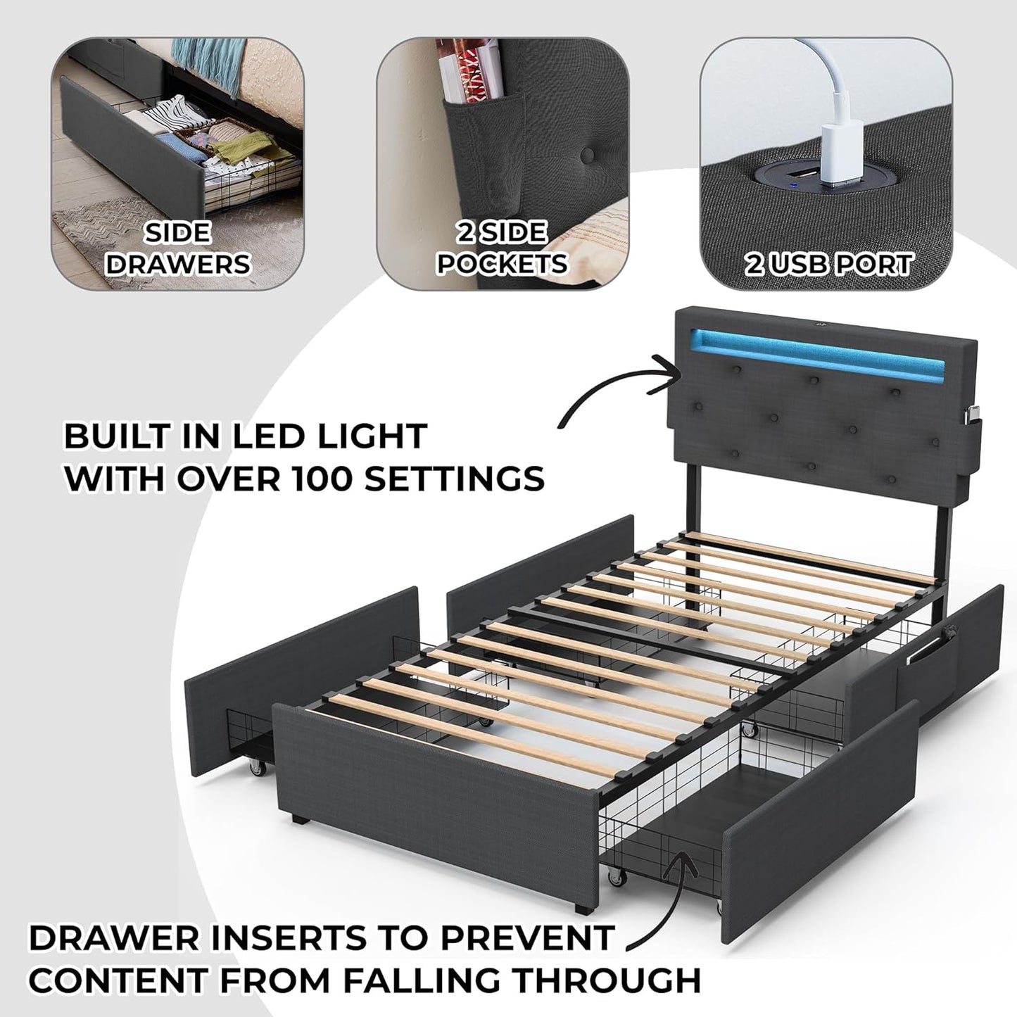 Twin Bed Frame With USB Charging Station & LED Lights, Twin Bed Frame With Headboard & 4 Storage Drawers, D