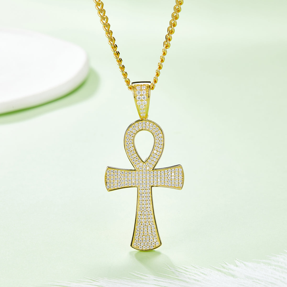 S925 Sterling Silver 240pcs D Color VVS1 Moissanite Iced Out Ankh Pendant 7.2g No Chain Platinum Plated GRA Certified Gift Box