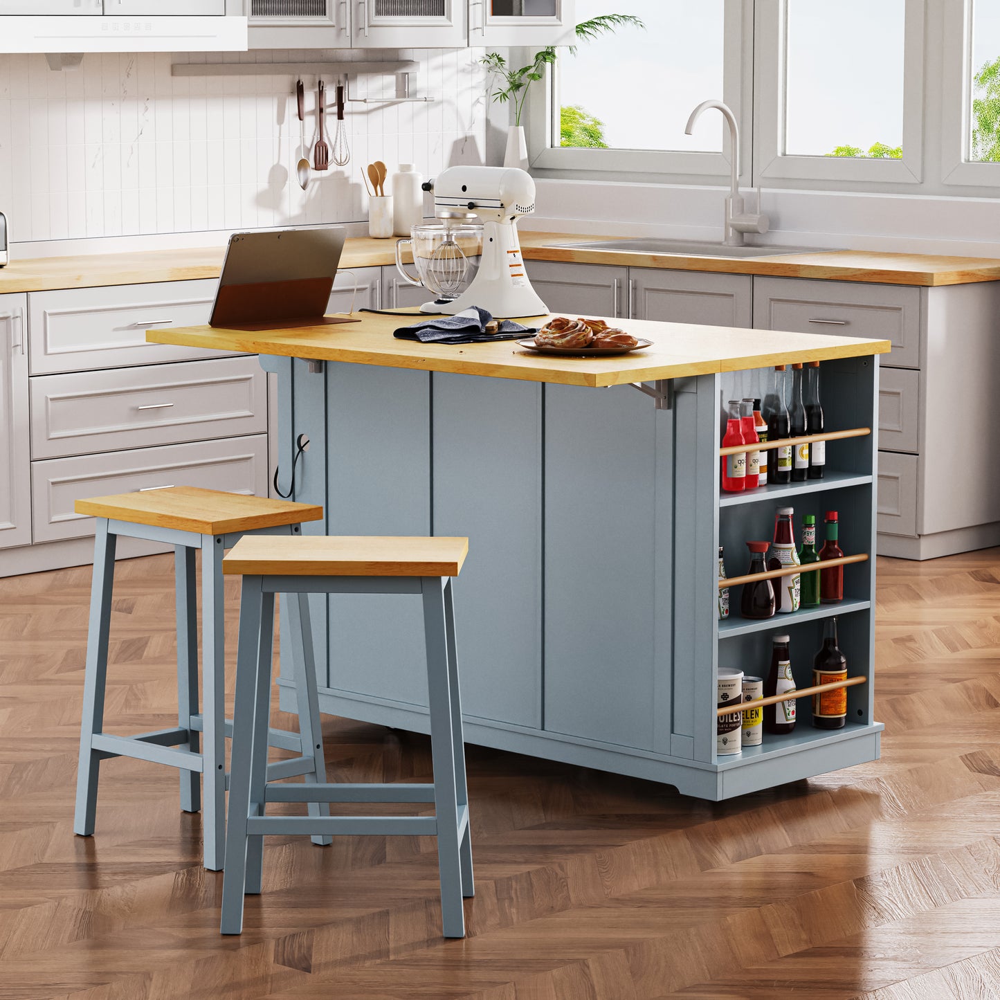 K&K 53inch Large Kitchen Island With 2 Bar Stools,Power Outlet,Door Internal Storage Rack,Kitchen Storage Cart On 5 Wheels With Drop Leaf,5 Open Side Racks,3 Drawers,Grey Blue  Three Packages