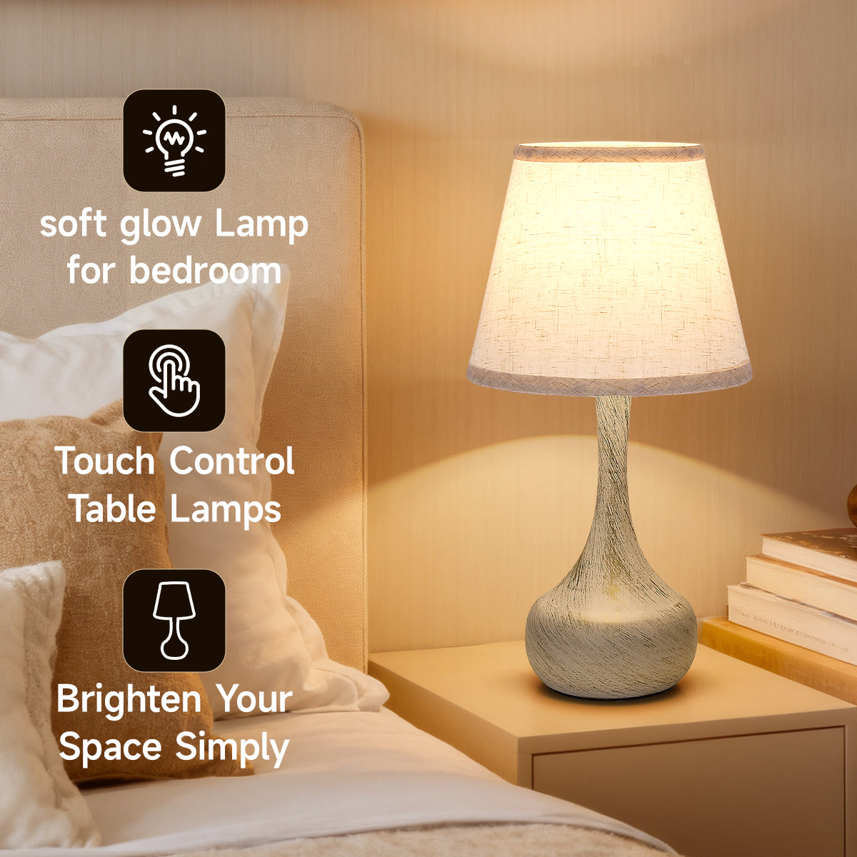 Touch Bedside Lamp Set Of 2, Farmhouse 3-Way Dimmable Table Lamps For Nightstand With Fabric Shade, Desk Lamp For Reading, Bedroom, Livingroom, Office
