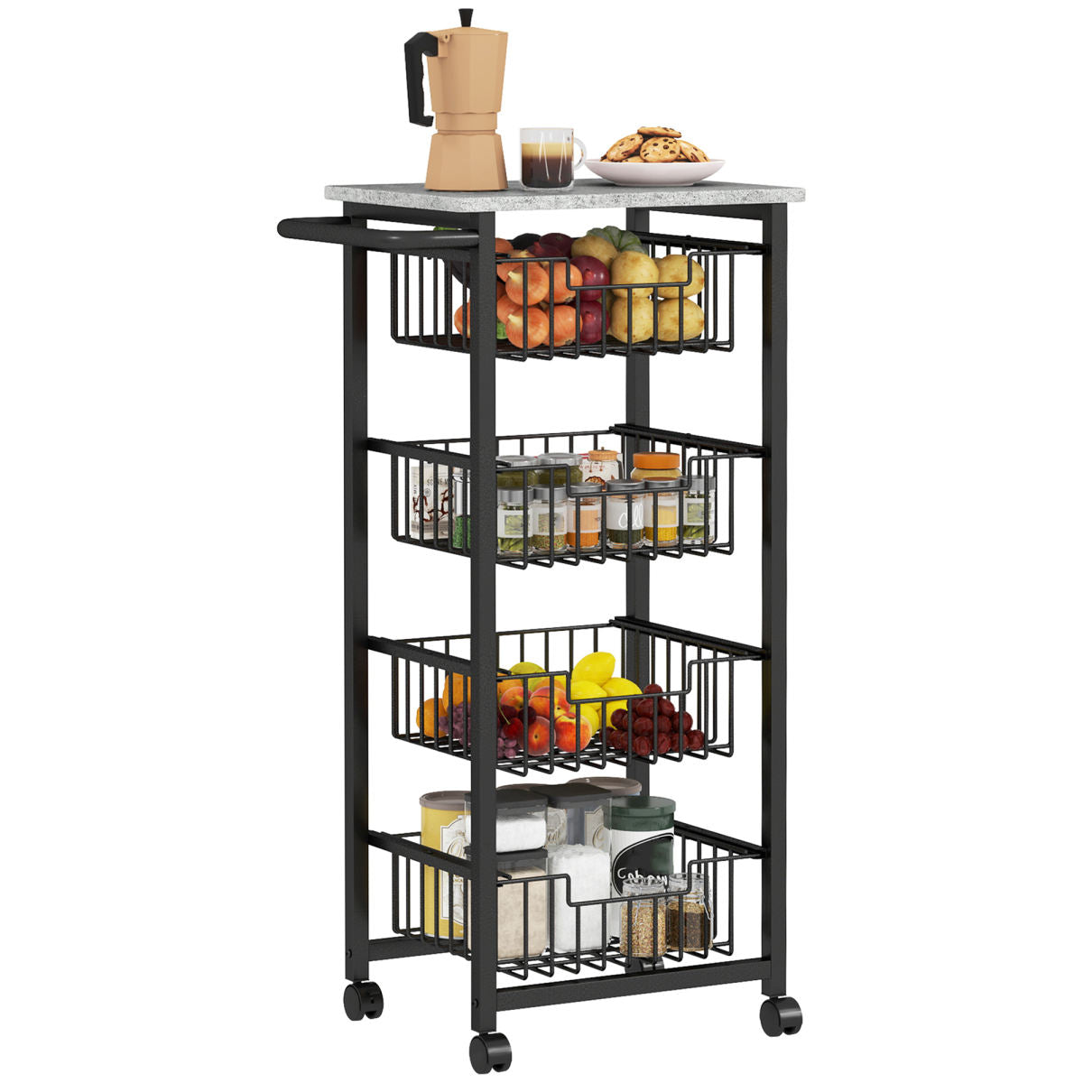 Four Basket Mobile Kitchen Island, With Brakes - Grey/Black