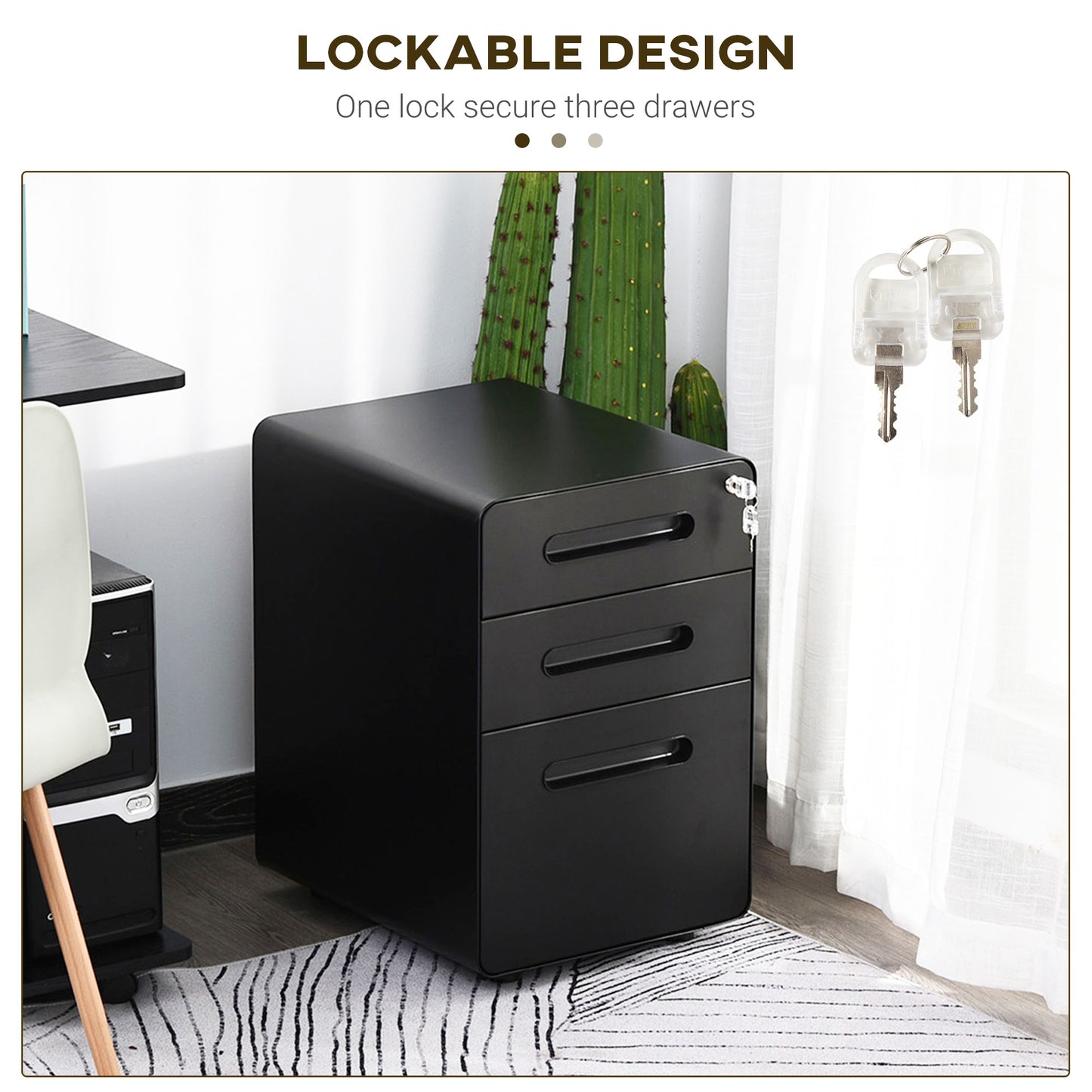 Vinsetto Lockable File Cabinet With 3 Drawers, Vertical Office Drawer For A4, Letter, Legal Size, Anti-tilt Design, Pre-Assembled Body, Black
