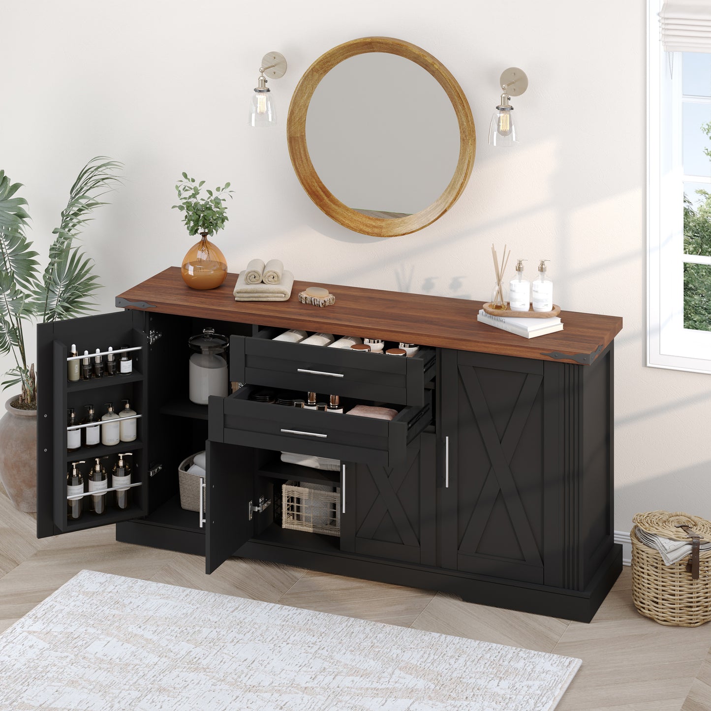 63  Farmhouse Barn Door Storage Cabinet With 2 Drawers & Door Rack, Large Buffet Table Coffee Bar Cabinets With Adjustable Shelves For Kitchen, Living Room, Entryway, Dining Room, Black