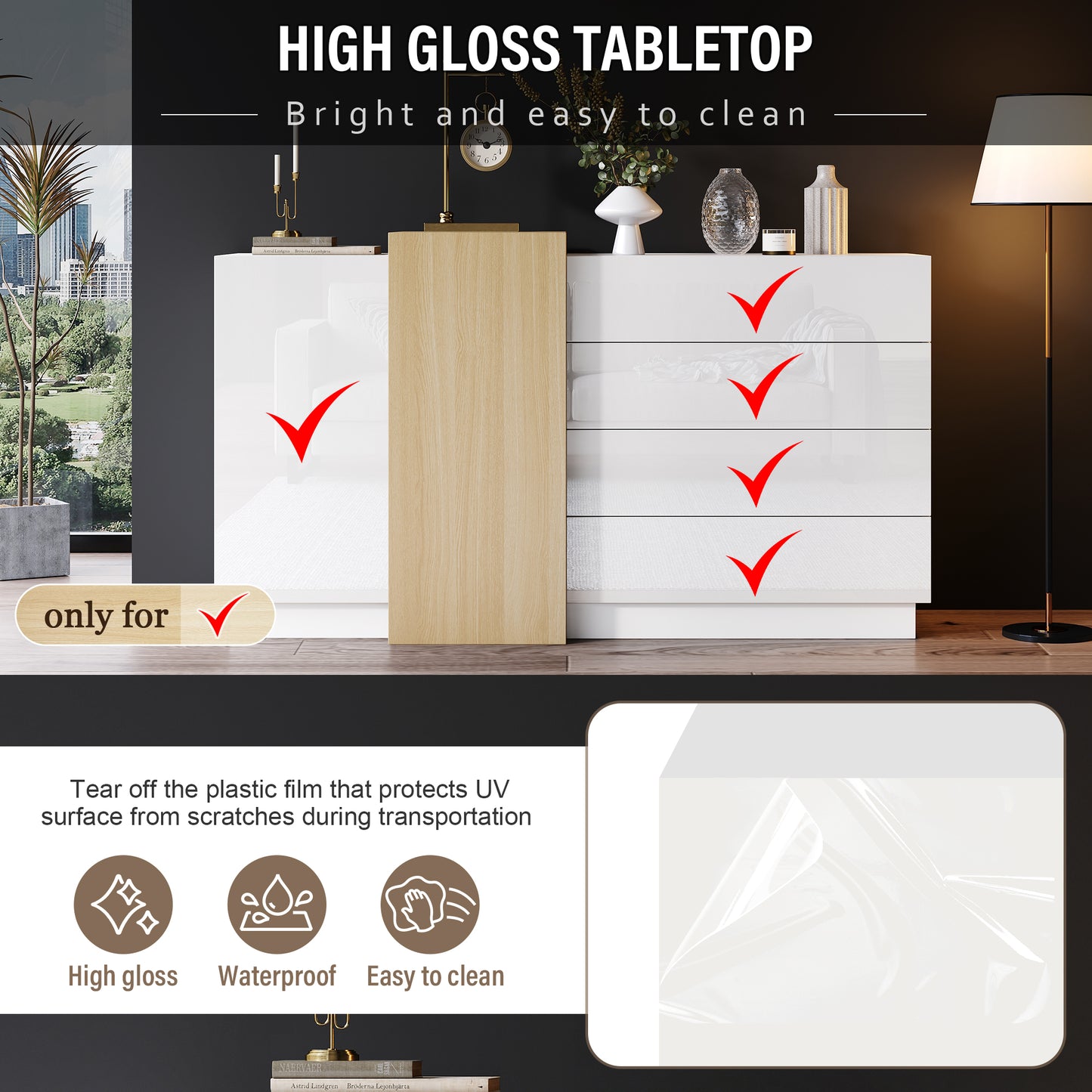 White High-Gloss Sideboard Cupboard With 4 Drawers, Modern Dining Room Large Display Storage Cabinet With 2 Doors, Natural Wood Color,Unit For Living Room Kitchen And Bedroom,140 X35x76.5 Cm