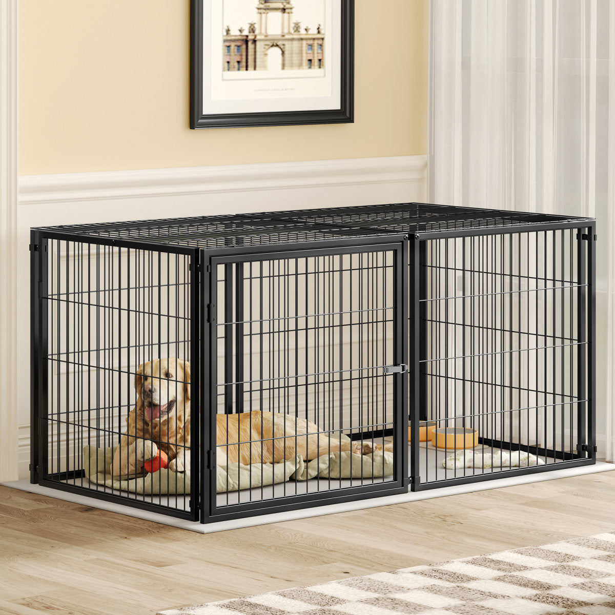 Large Dog Cage 63.7 Dog Kennel For Medium Dogs Puppy Dog Playpen With Top, Pet Cage, Indoor, Black.63.7W X 34.2D X 31.7H.