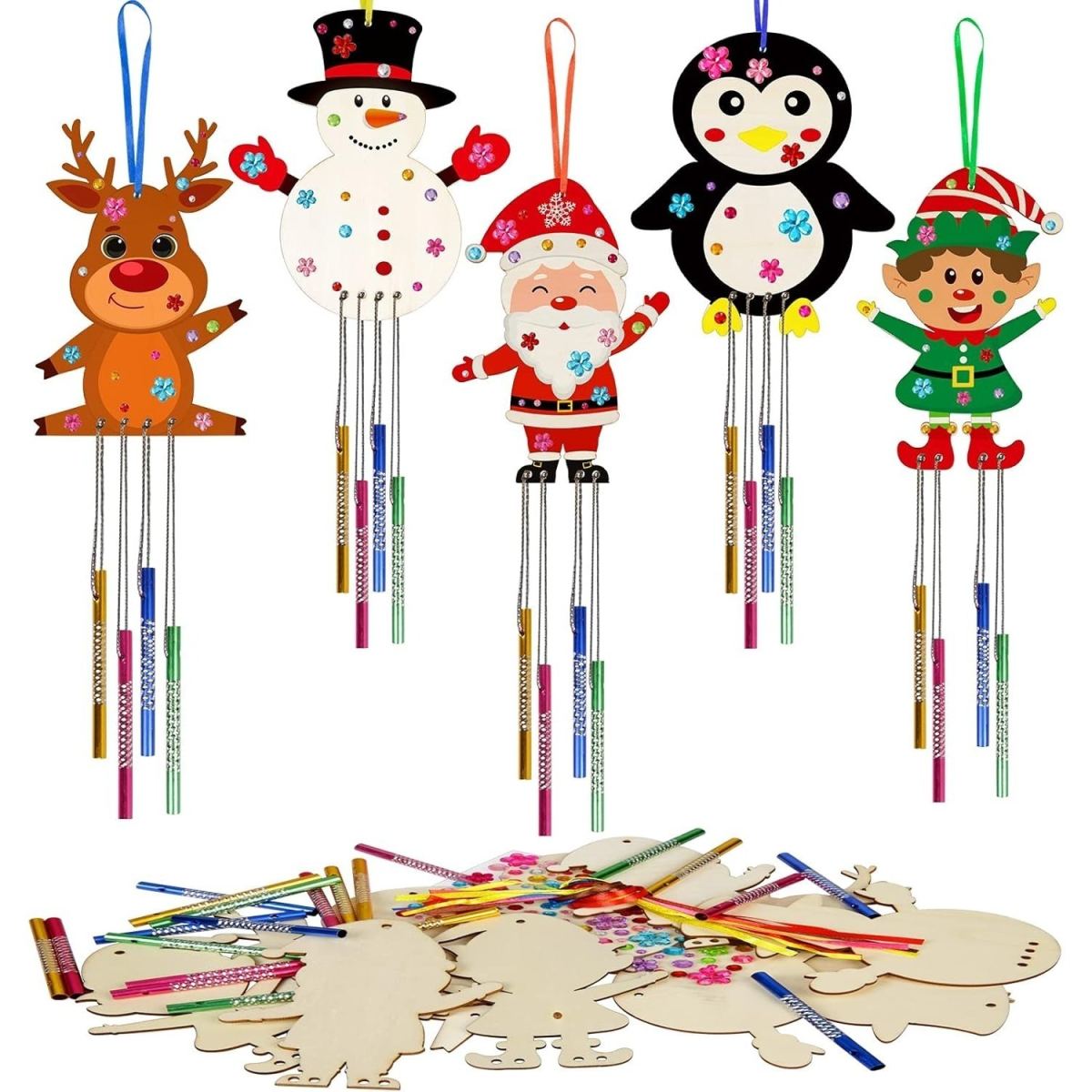 10-Piece Christmas Craft Kit For Decorative Wind Chimes – Includes Wooden Templates & Accessories