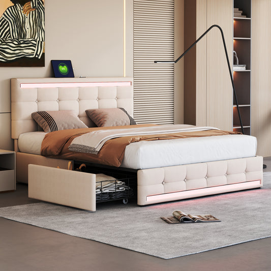 Upholstered Bed 140x 200 LED Upholstered Bed With 4 Drawers And 2 USB Charging Stations, Bed Frame With LED Head Part Foot Part, Upholstered Platform Bed With Storage Space, Linen Beige