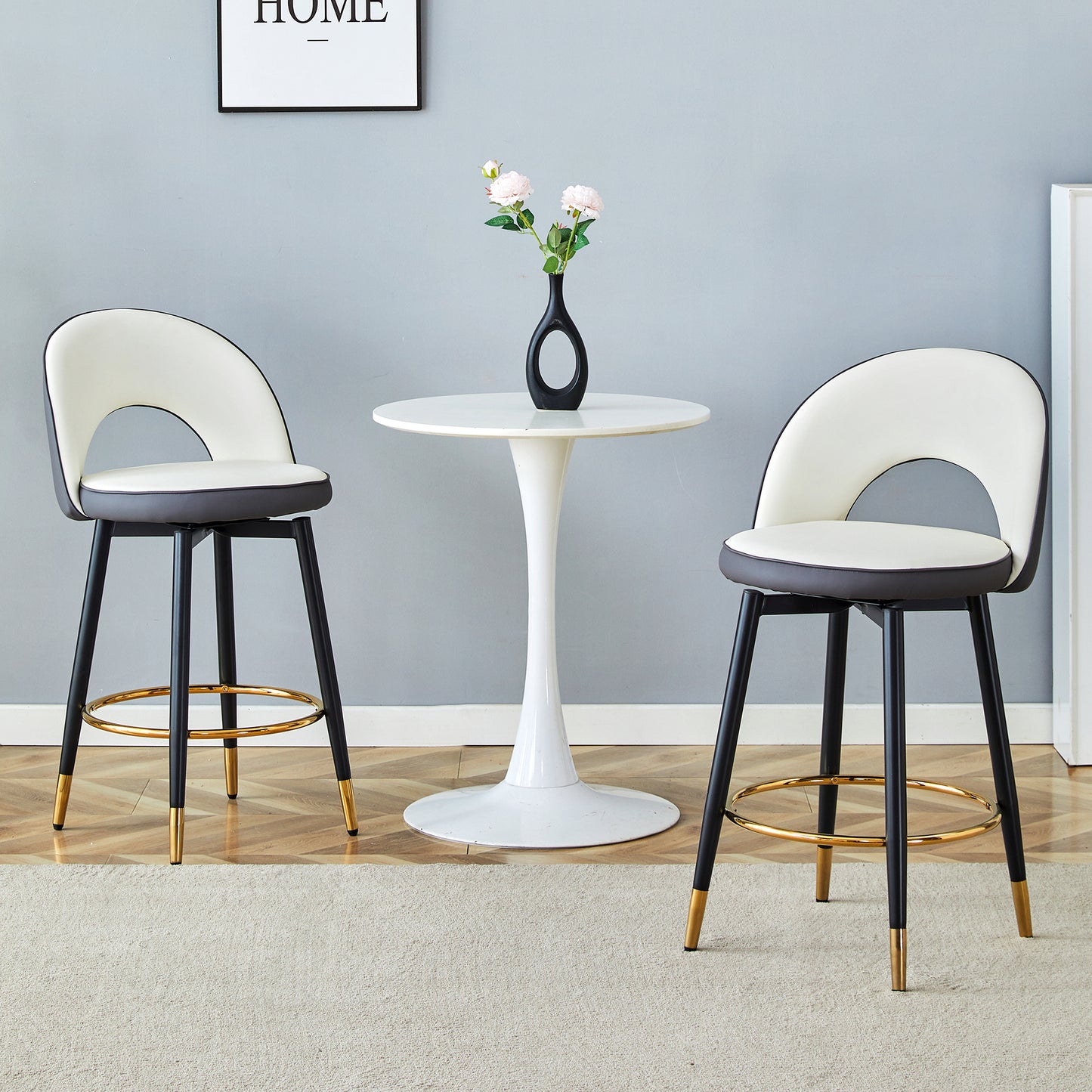 360  Rotatable Bar Chair.Modern White And Dark Gray Spliced Color PU Comfortable Upholstered Bar Chair With Smooth And Beautiful Black Metal Legs For Dining Room, Kitchen, Terrace.Set Of 2.