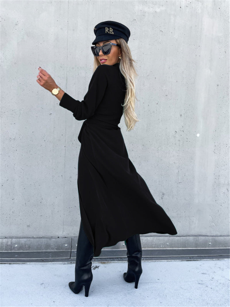 Women's Elegant Lapel Collar Long Sleeve Button Down Belted Shirt Dress, Casual Maxi Dresses With Slit For Office & Daily Wear