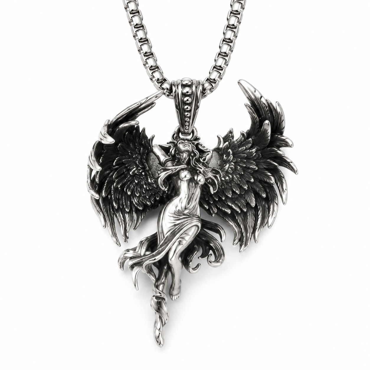 Antique Fallen Angel Wing Pendant Necklace For Men Women, Copper Plated Silver 3D Sculpted Gothic Angel Charm Punk Biker Jewelry Gift