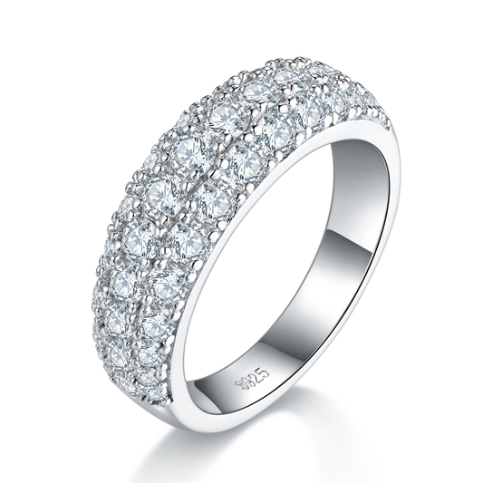 S925 Sterling Silver 3-Row Pave Moissanite Ring, 1.9ct D-VVS1 Eternity Band, Platinum Plated US Sizes 5-9, GRA Certified Gift Box