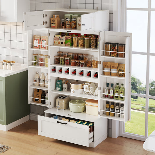 80x40x180cm Freestanding Kitchen Storage Cabinet With Adjustable Shelves, Drawers, Wine Rack And Doors With Shelves. Suitable For Dining Room And Living Areas.