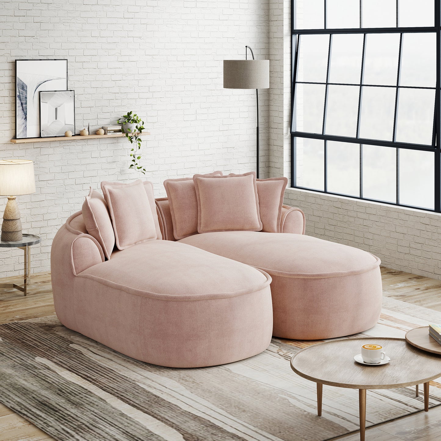 Comfortable Chenille Cloud Double Sofa, Frameless Design, Extra Large Double Chaise Longue, Including Cushions, No Setup Needed, For Living Room,Pink