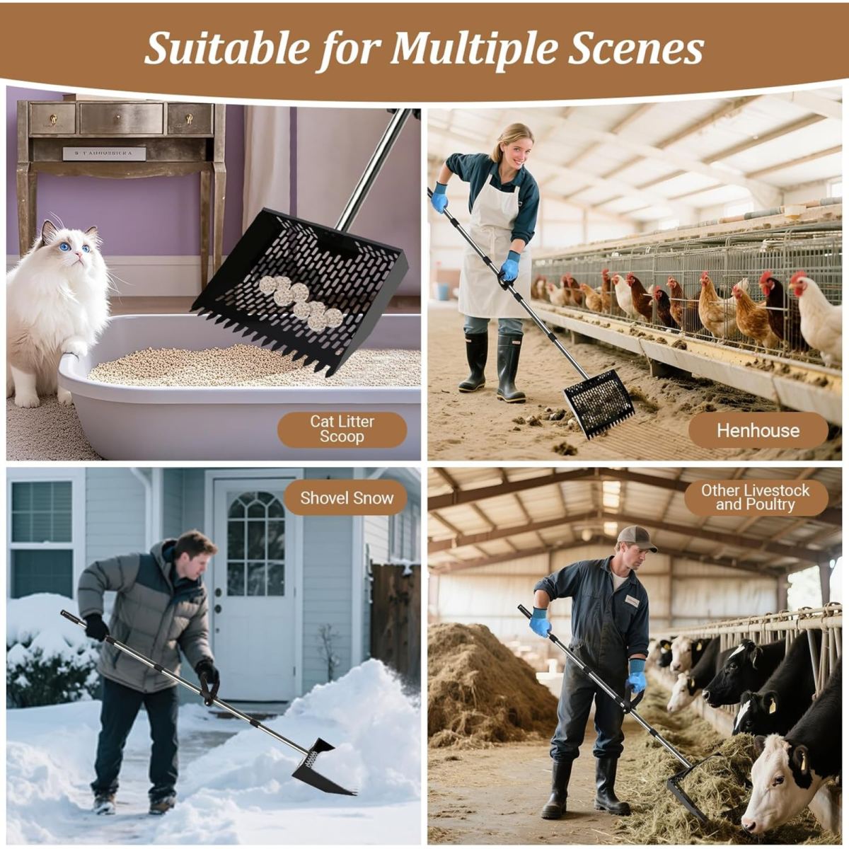 Stainless Steel Chicken Coop Manure Scoop With Adjustable Handle, 1 Piece. Combines A Chicken Manure Scoop And Rake In One Tool For Removing Poultry And Pet Droppings,for The Farm, Garden, And Yard.