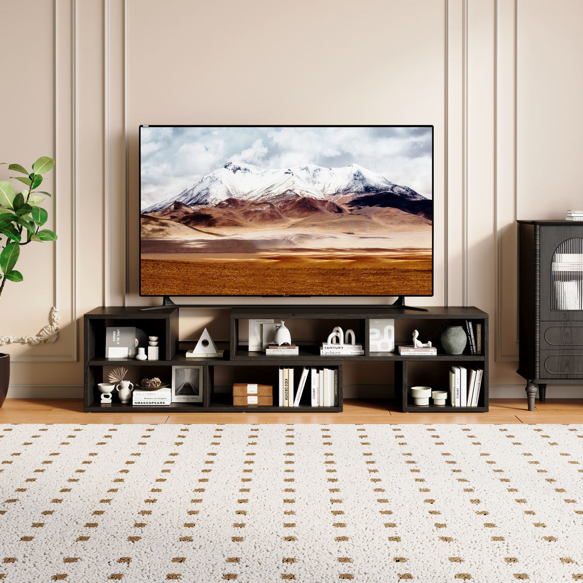 Adjustable Modular TV Stand, Black Open Storage Console Cabinet, Modern Entertainment Center With Multi Compartments, Freestyle Combination Media Shelf For Living Room Bedroom