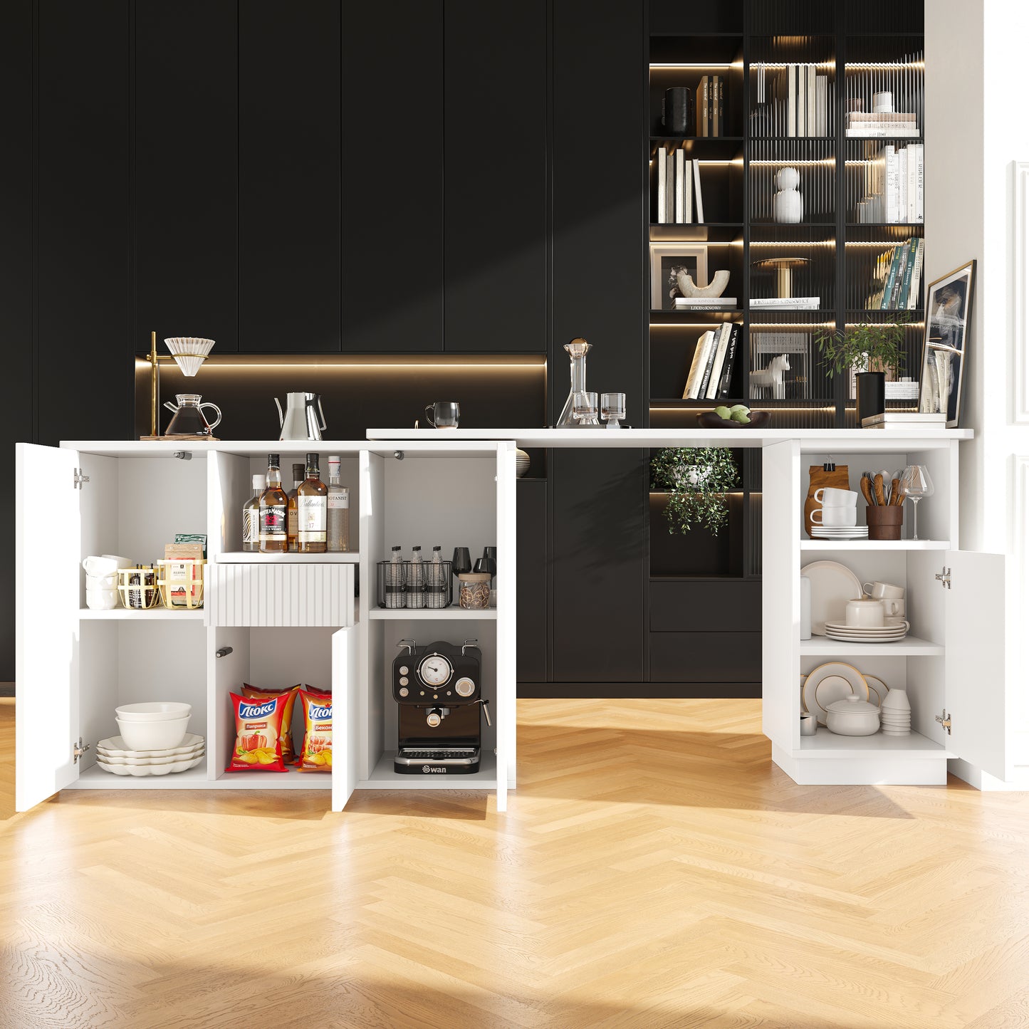 360 Swivelling Bar Table Main Body 198.5 X 30 X 75 Cm Modern And Sleek Design, With Open Storage Space And Marble Worktop, Suitable For Kitchen, Living Room And Dining Room, White