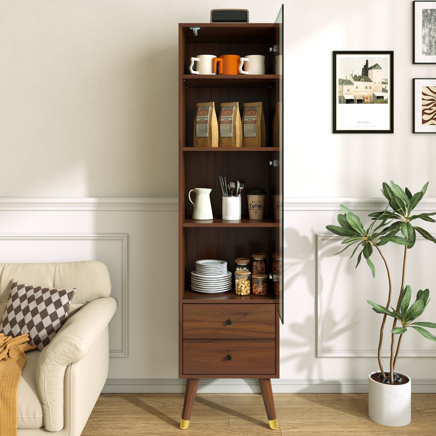 Modern Tall Cabinet With Glass Door, Display Cabinet With Adjustable Shelves And 2 Drawers, Standing Cabinet For Living Room, Bathroom & Office In Walnut Look