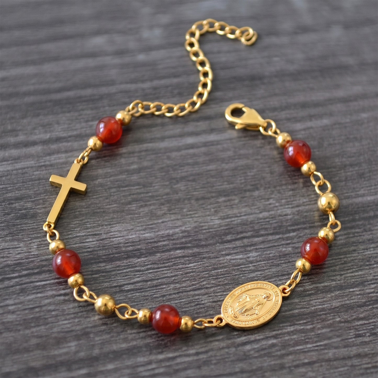 18K Gold Plated Stainless Steel Chain Bracelet For Women Natural Stone Beads Virgin Mary Miracle Medal Cross Bracelets Religious Catholic Jewelry Link Chain Gift