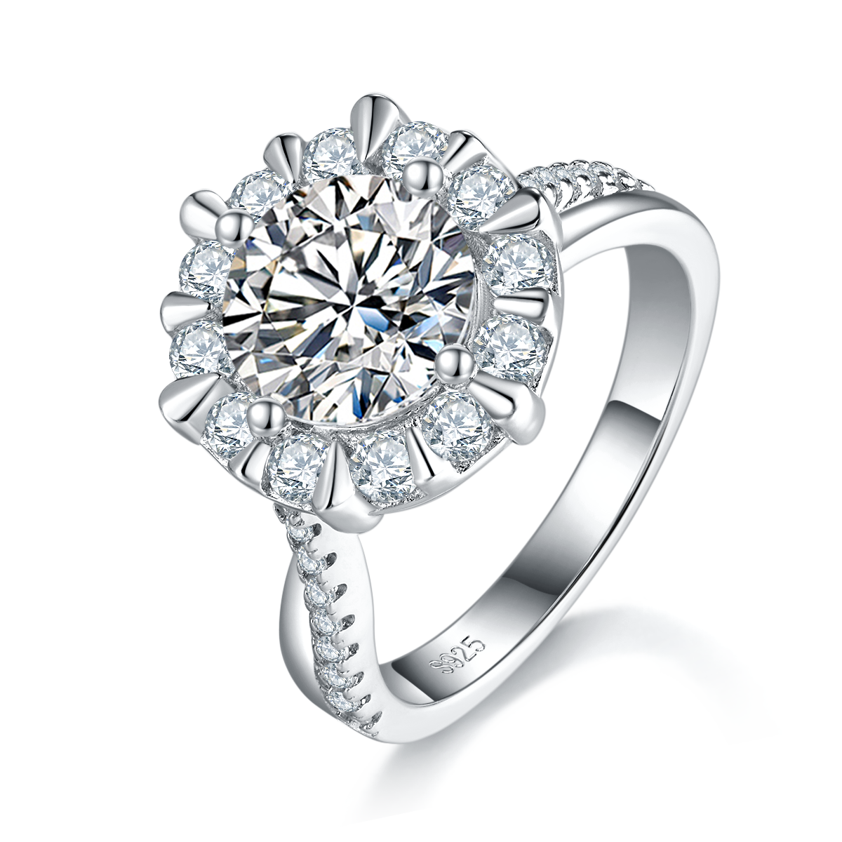 S925 Sterling Silver 2ct Moissanite Ring, 8mm D-VVS1 Sunflower Halo Setting, Platinum Plated 5.3g US Sizes 5-9 GRA Gift Box