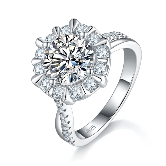 S925 Sterling Silver 2ct Moissanite Ring, 8mm D-VVS1 Sunflower Halo Setting, Platinum Plated 5.3g US Sizes 5-9 GRA Gift Box