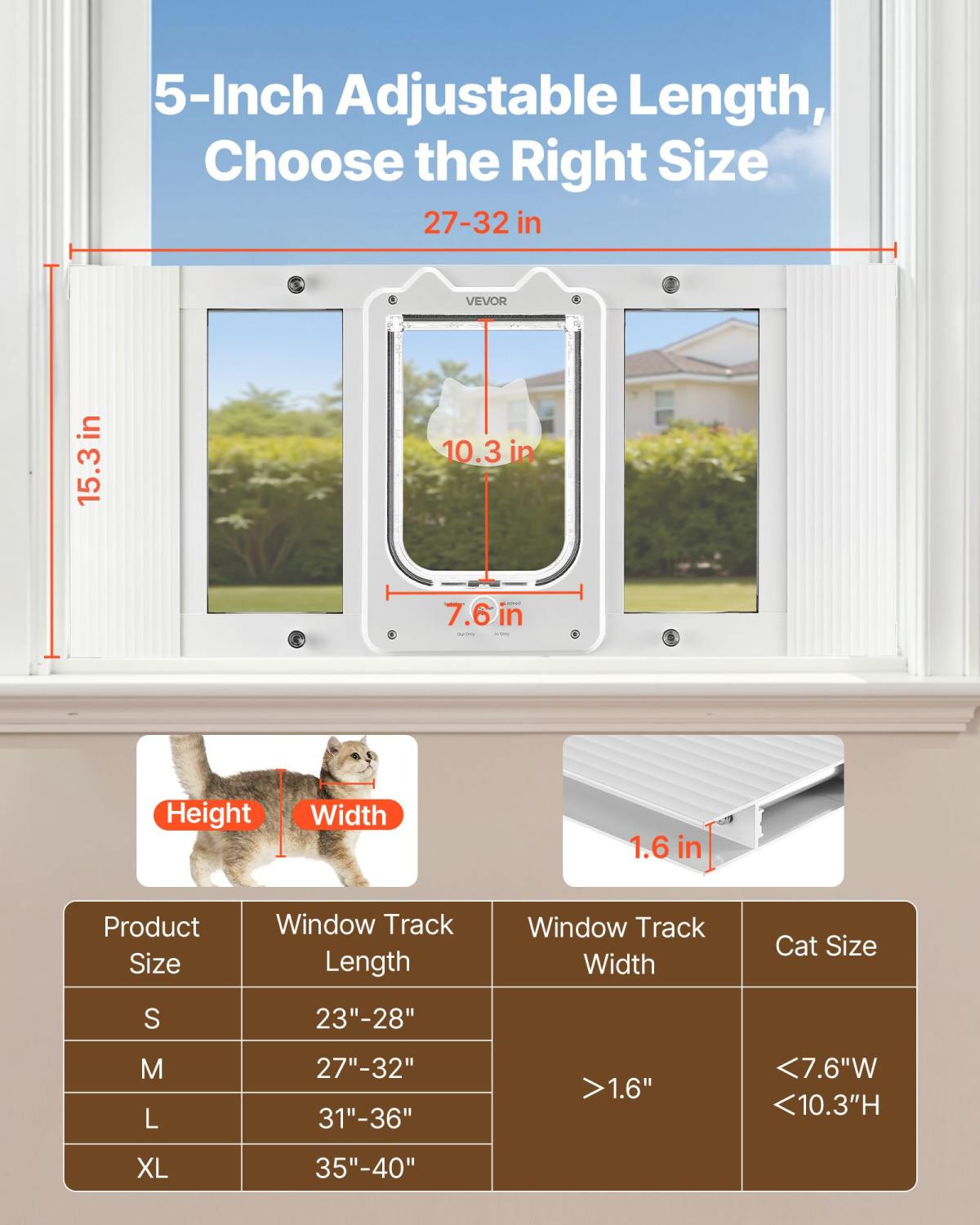 Cat Door For Window, Adjustable To Fit Window Width 27"-32", 4 Secure Lock Modes, Aluminum Frame And High-Transparency Glass, Magnetic Closure, Weatherproof Quick-Fit Pet Door For Cats, White