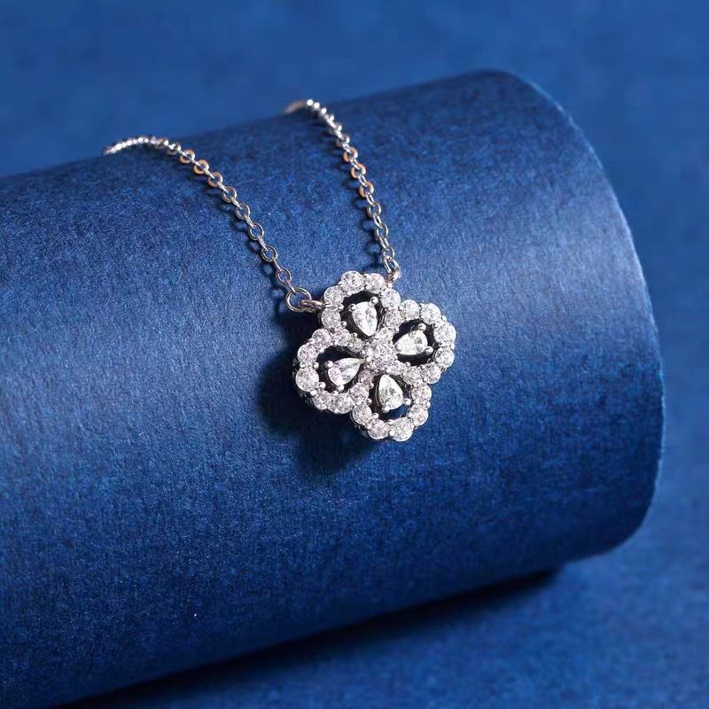 S925 Sterling Silver Four-Leaf Clover Pendant Necklace For Women, Korean Style Full Paved Zircon Clavicle Chain, Luxury Unique Jewelry