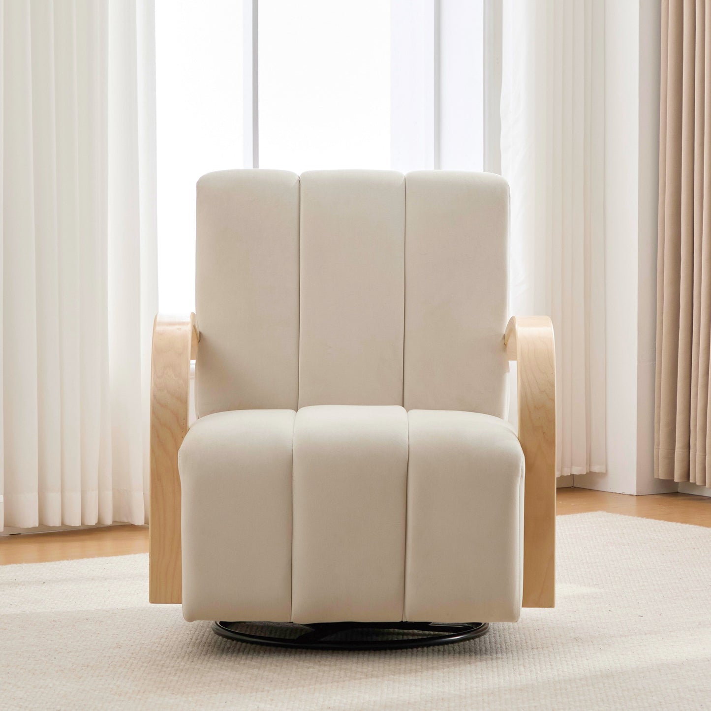 30.7 W Modern Upholstered 360 Swivel Accent Chair With Solid Wood Armrests And Comfy Channel Tufted Lounge Reading Chair, Single Sofa Armchair For Hotel Bedroom Living Room Office And Bedroom. Beige
