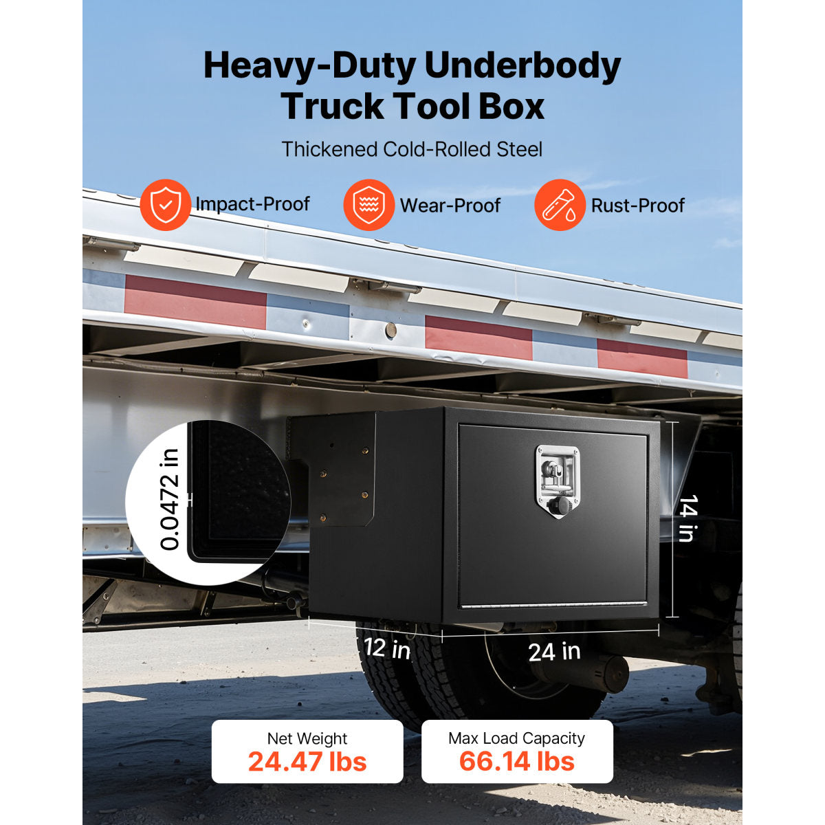 Underbody Truck Tool Box, 24 X 12 X 14 Inch Heavy Duty Steel Trailer Storage Box With Lock & Keys, Waterproof Trailer Storage Organizer Under Body Chest With T-Handle For Truck, Van, SUV, Black