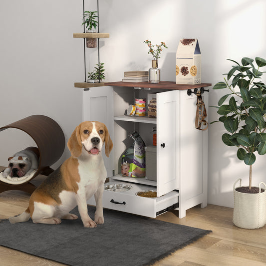 Pet Feeding Station, Dog Food Storage Cabinet w/ Raised Dog Bowls, Adjustable Panel, Hooks for Medium Dogs, White