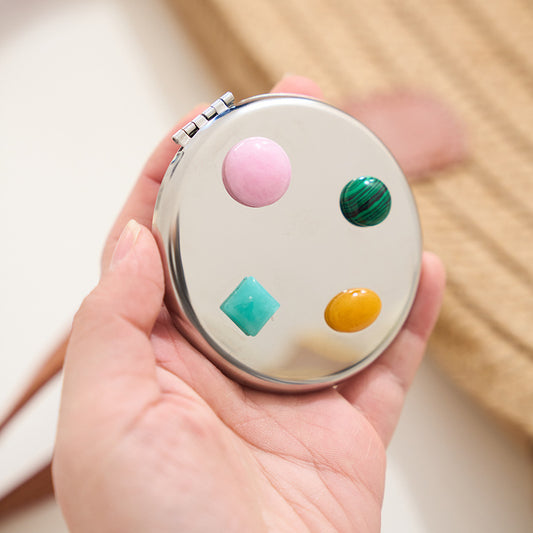 Natural Stone Pocket Mirror Premium Stainless Steel Mini Makeup Portable Vintage Compact Mirror