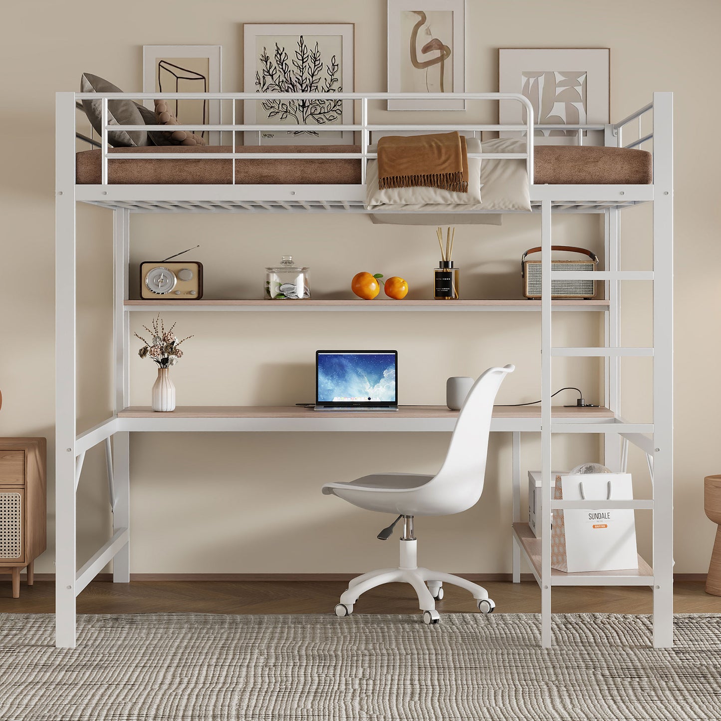 Loft Bed, 140x200 Cm, Railing, Stepladder, With Usb And Socket, With LED Lights, Desk, Multi-storey Shelf, Without Mattress, Metal, White