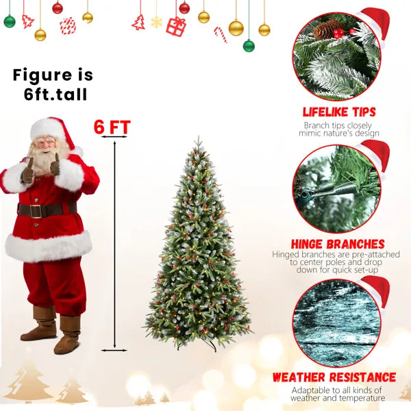 Artificial 6ft Green LED-lit Christmas Tree With 1593PE/PVC Mixed Branch Tips,Red Fruit And Pine Cone,Hinged Premium & Foldable Base For Indoor Holiday Decorating