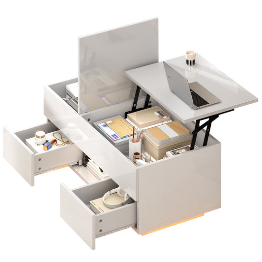 Lift-Top Coffee Table, High Gloss Centre Table With 2 Drawers & LED Lights, Lifting Sofa Side Table, Space-saving End Table,Tea Table,for Living Room, Office
