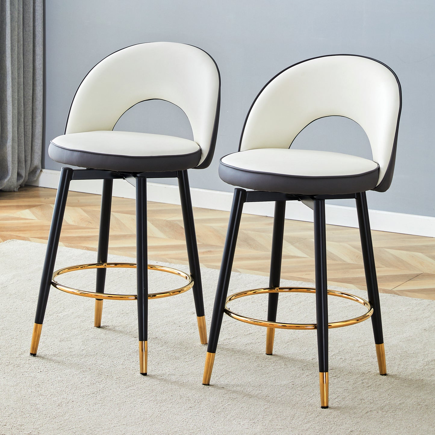 360  Rotatable Bar Chair.Modern White And Dark Gray Spliced Color PU Comfortable Upholstered Bar Chair With Smooth And Beautiful Black Metal Legs For Dining Room, Kitchen, Terrace.Set Of 2.