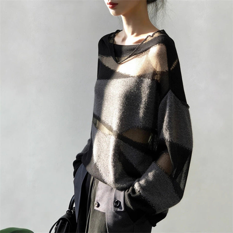 Korean-style Mesh-panel Design Relaxed-fit Blouse Long-sleeve Knit Top