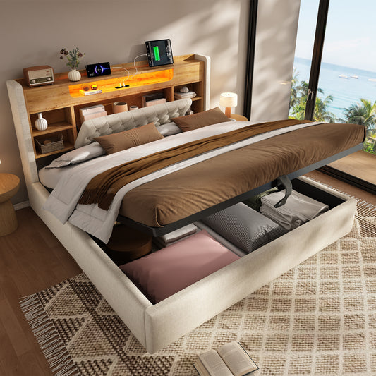 6ft Super King Bed With Hydraulic Storage, Upholstered Bed Frame With LED Lighting & Charging Station, Storage Headboard For Cellphones & Tablets, 180 X 200 Cm, Linen, Beige  No Mattress