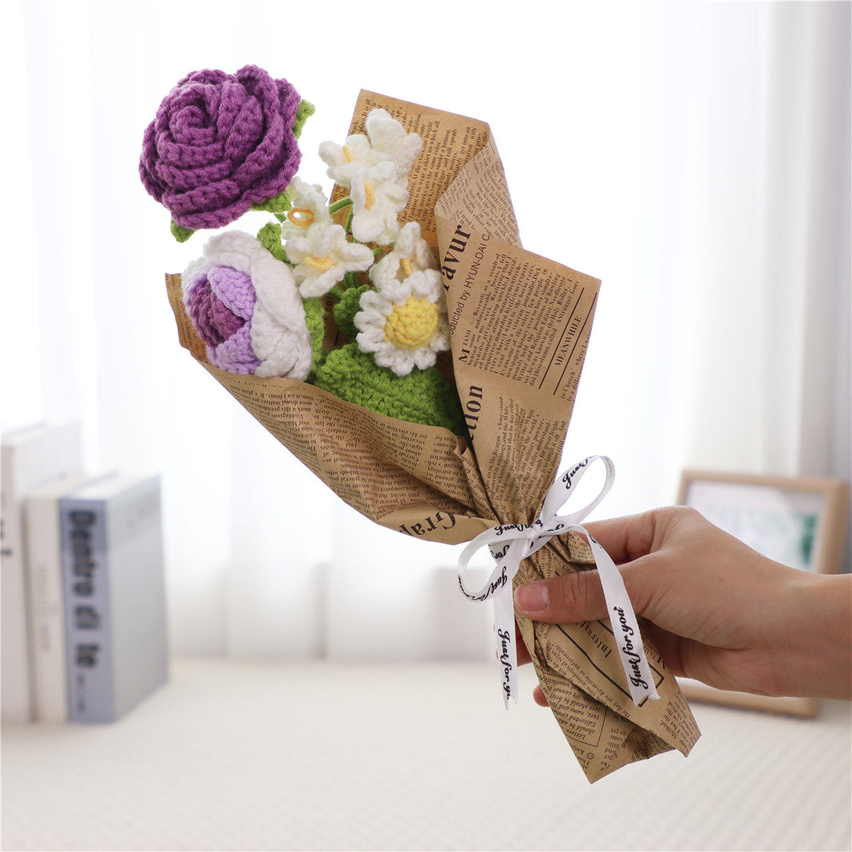 Handmade Crochet Flower Bouquet With Newspaper For Birthday,wedding,party Gift