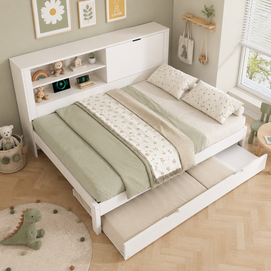 Sofa Bed Double Bed 140x190 Cm With Pull-out Bed 90x190, White Bed Frame With Storage Back Panel, Open Compartment, Concealed Folding Storage Space, USB-USB-C Charging Station, Slatted Base, Without M