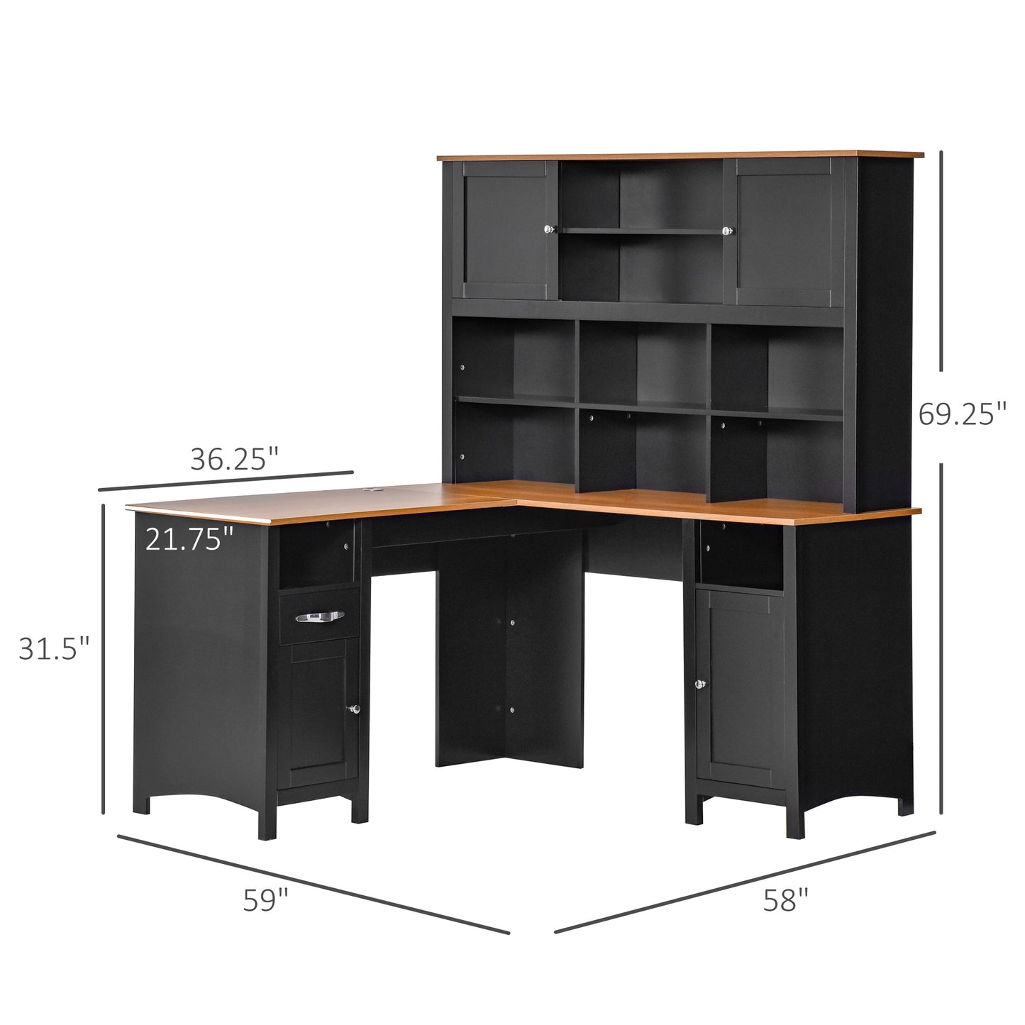 L Shaped Computer Desk with Hutch, 59" Corner Desk, Space Saving Home Office Desk with Storage Shelves, Drawer and Cabinet, Black