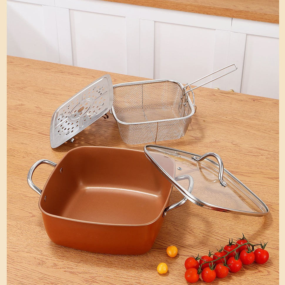 24cm Square Kitchen Fryer Non Stick Chip Pan Potato Fryer W  Basket Cooking Pot