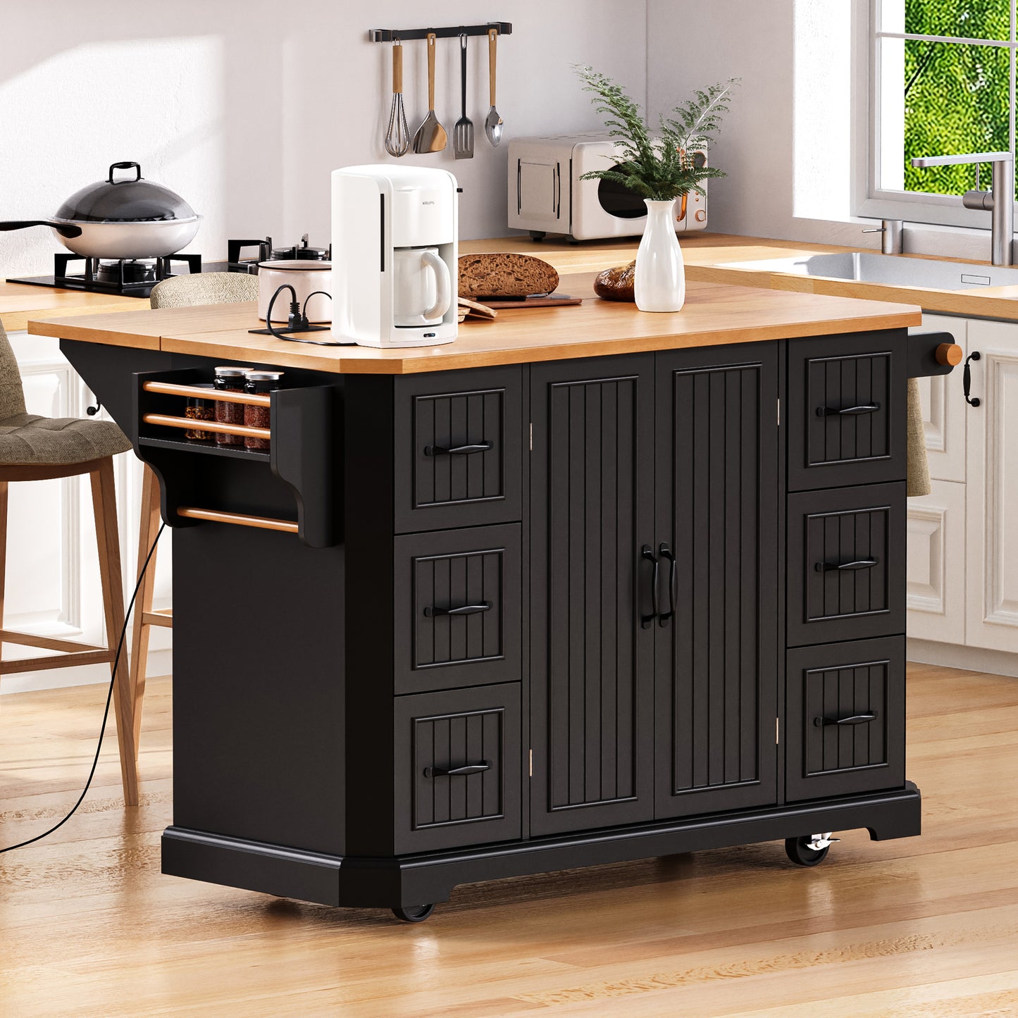 K&K 56 Inch Kitchen Island With Rubber Wood Veneer Drop Leaf, Power Outlet, 4 Door Shelves, Embossed Vertical Stripe Rolling Kitchen Cart On 4 Wheels With 6 Deep Drawers For Kitchen, Dining Room,Black