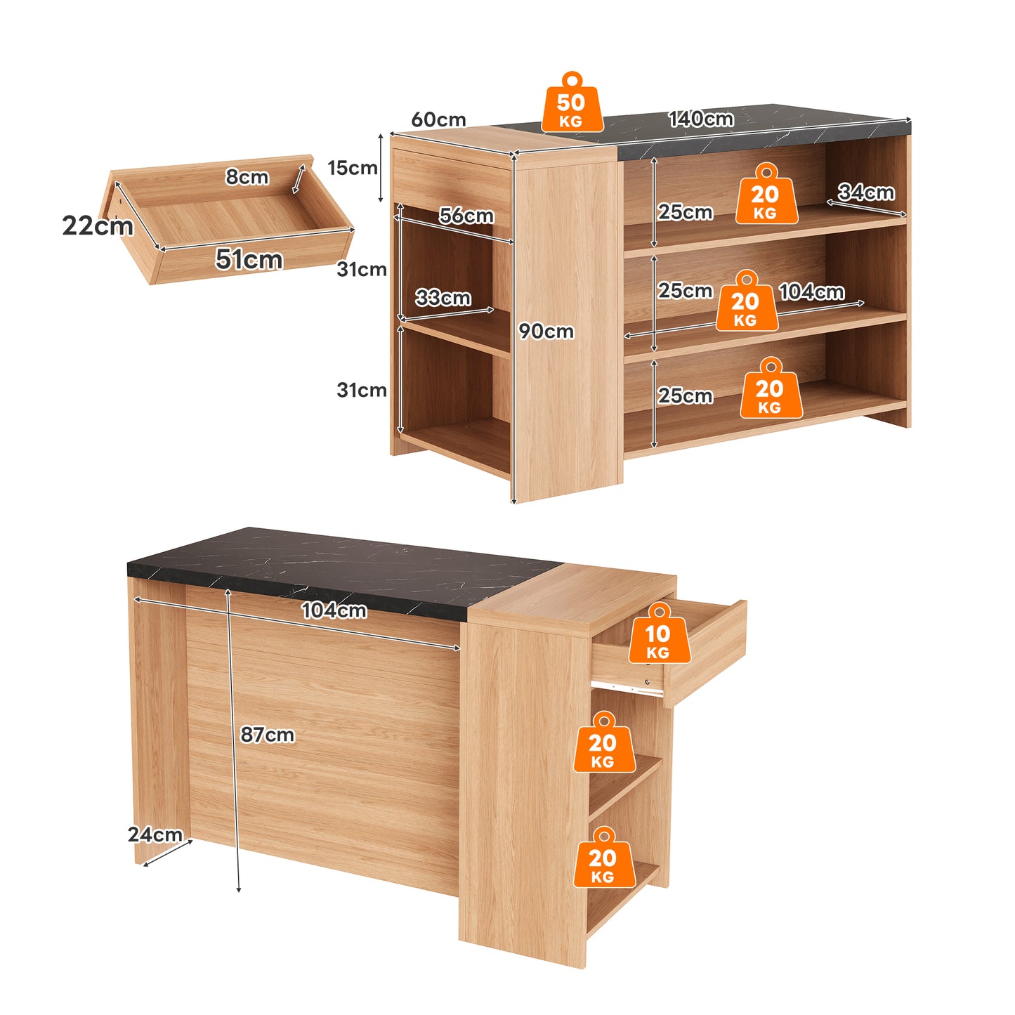 Kitchen Island Bar Counter Bar Table Dining Table, 5 Levels Of Storage Space & Hidden Drawer, Thickened Table Top, Oak & Black In Marble Look, 140x60x90 Cm
